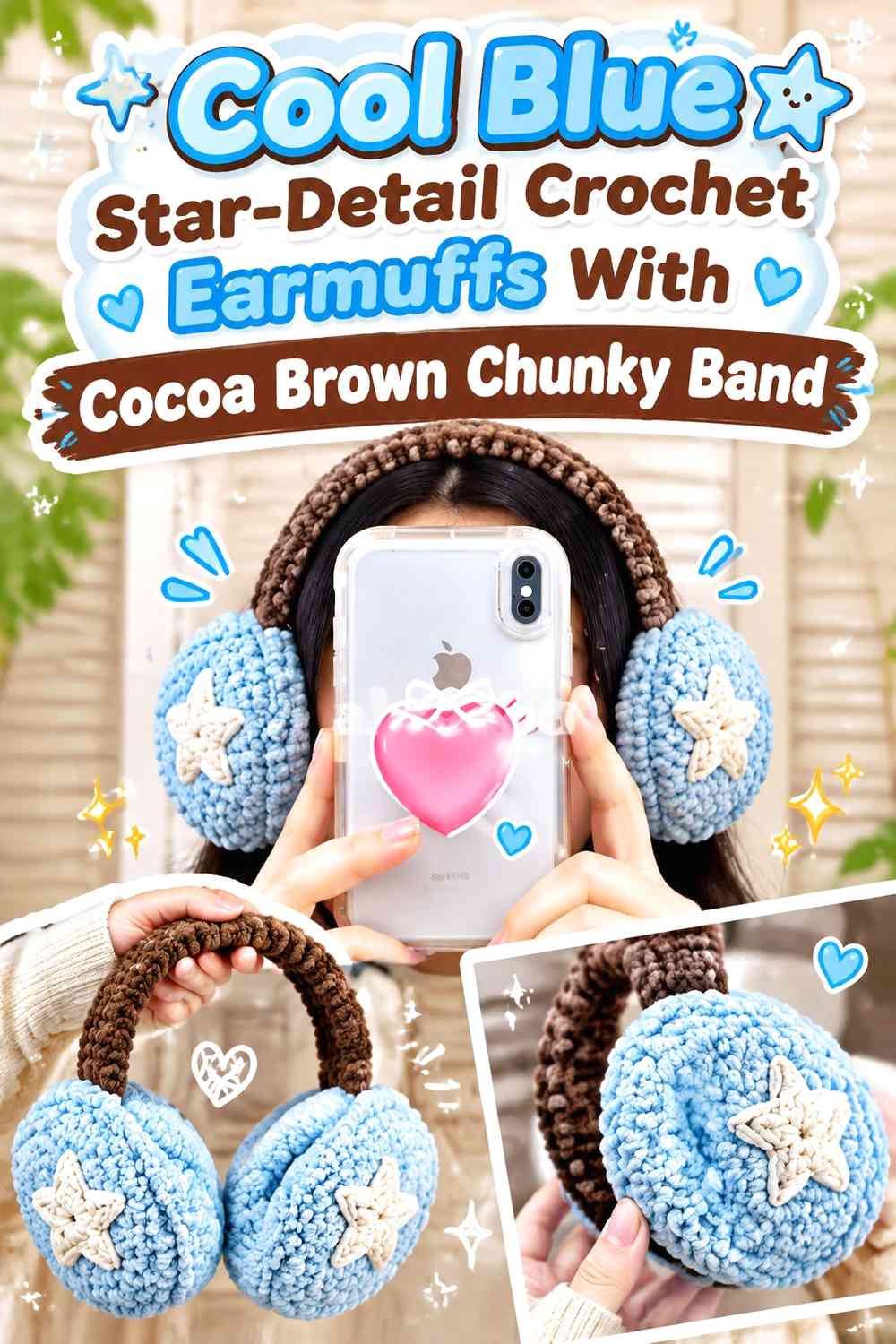 Cool Blue Star-Detail Crochet Earmuffs With Cocoa Brown Chunky Band