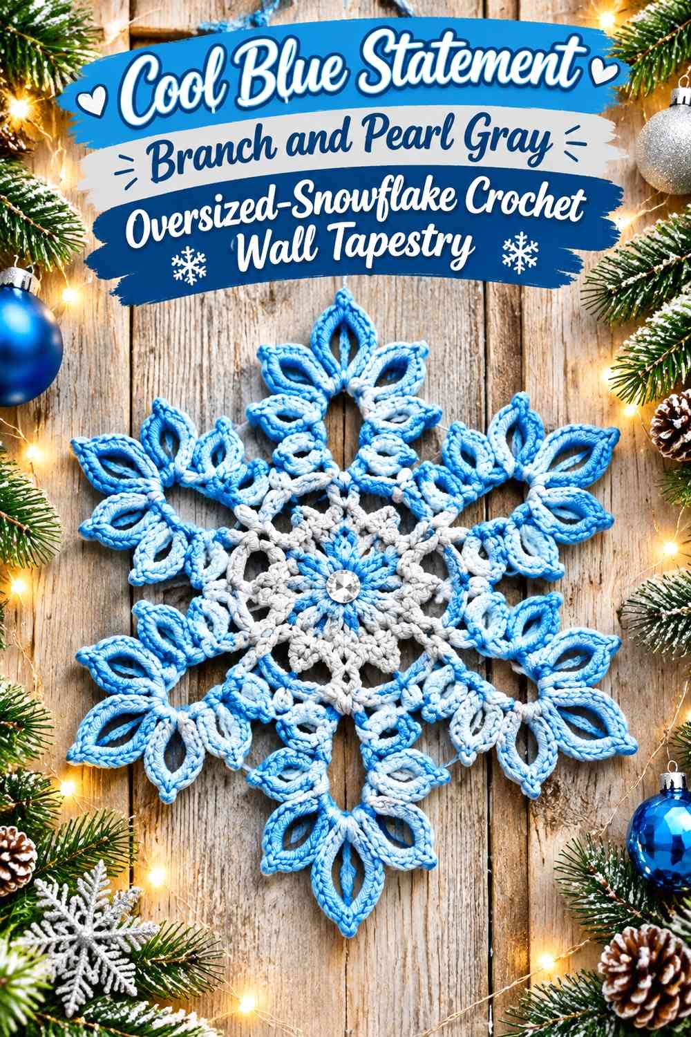 Cool Blue Statement Branch and Pearl Gray Oversized-Snowflake Crochet Wall Tapestry