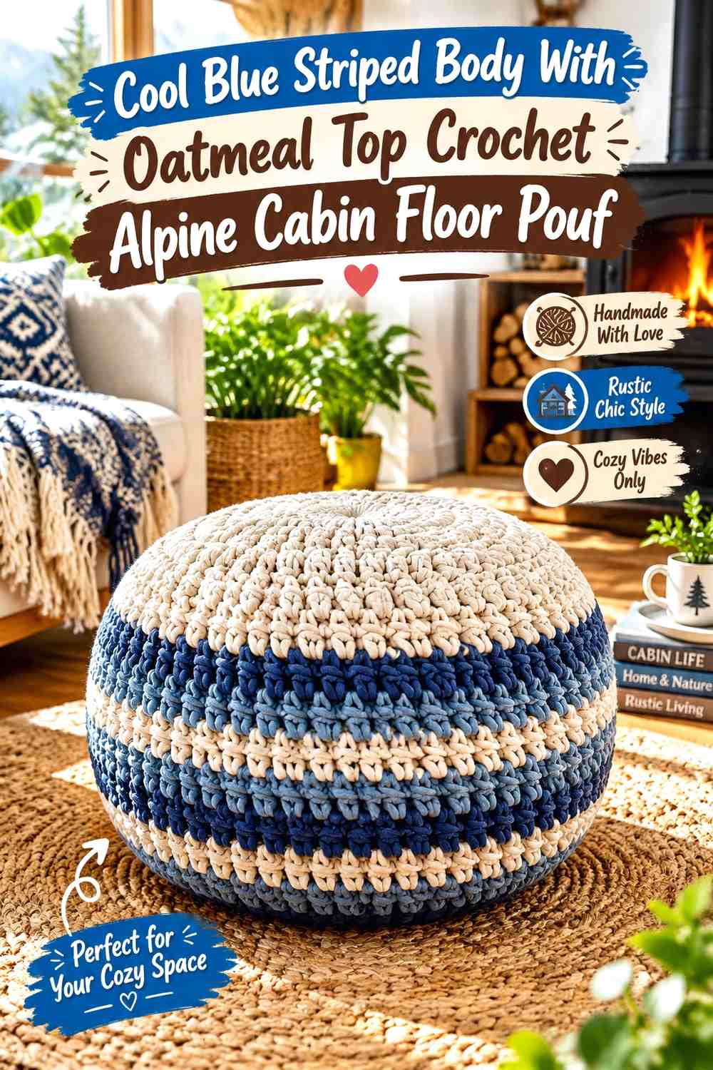 Cool Blue Striped Body With Oatmeal Top Crochet Alpine Cabin Floor Pouf