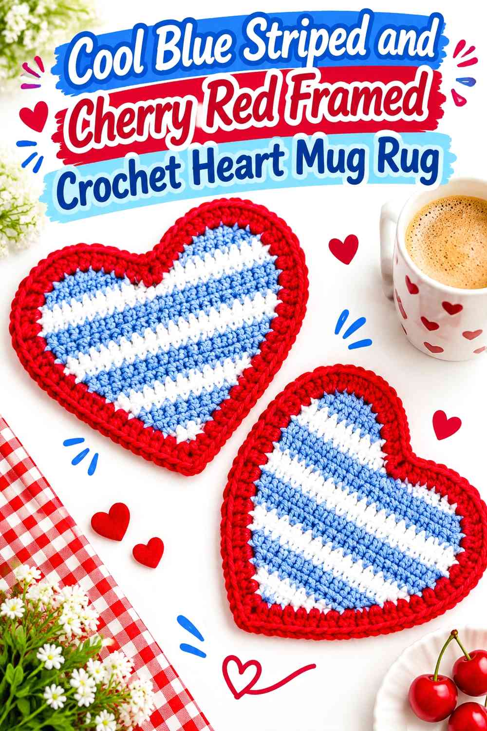 Cool Blue Striped and Cherry Red Framed Crochet Heart Mug Rug