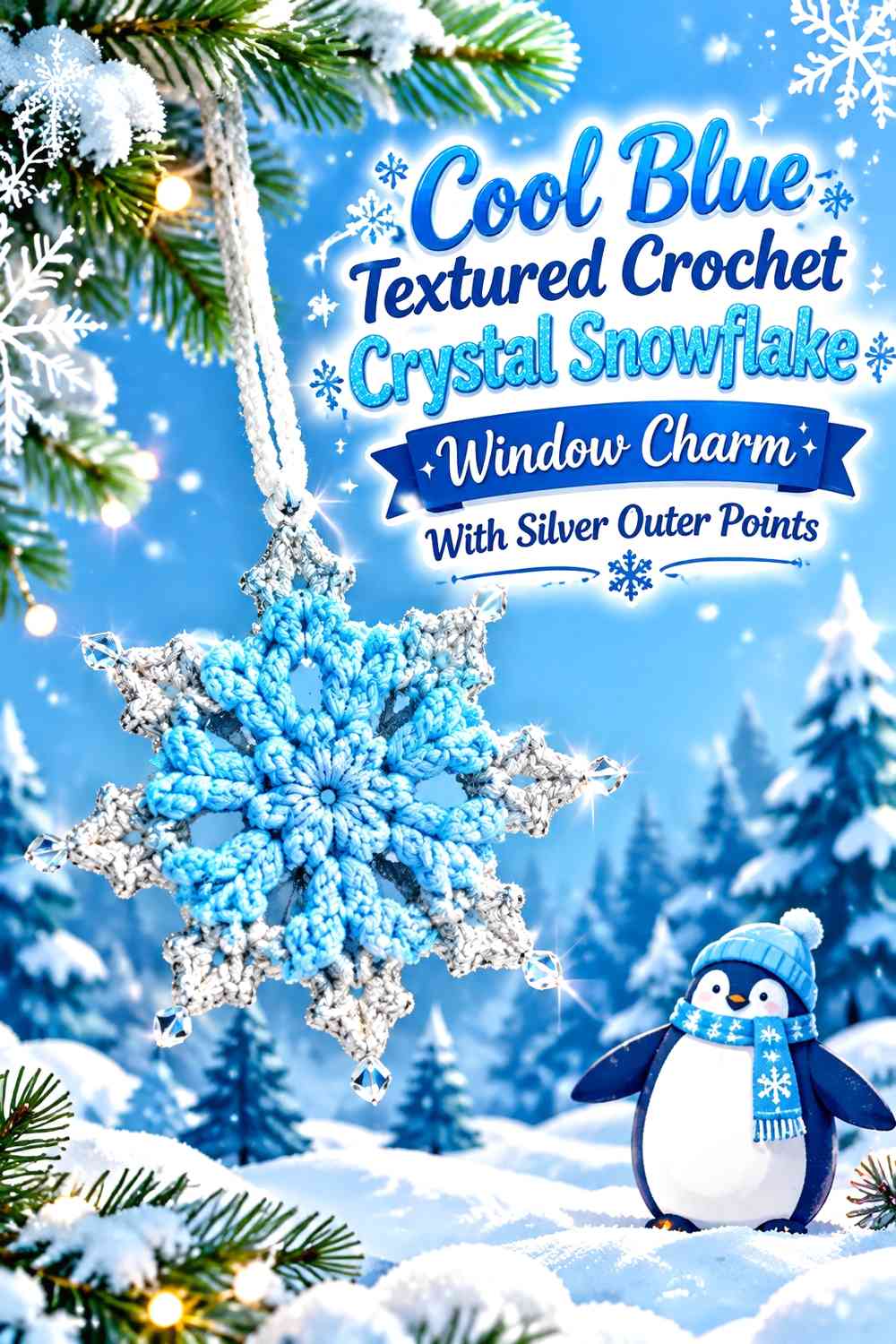 Cool Blue Textured Crochet Crystal Snowflake Window Charm With Silver Outer Points