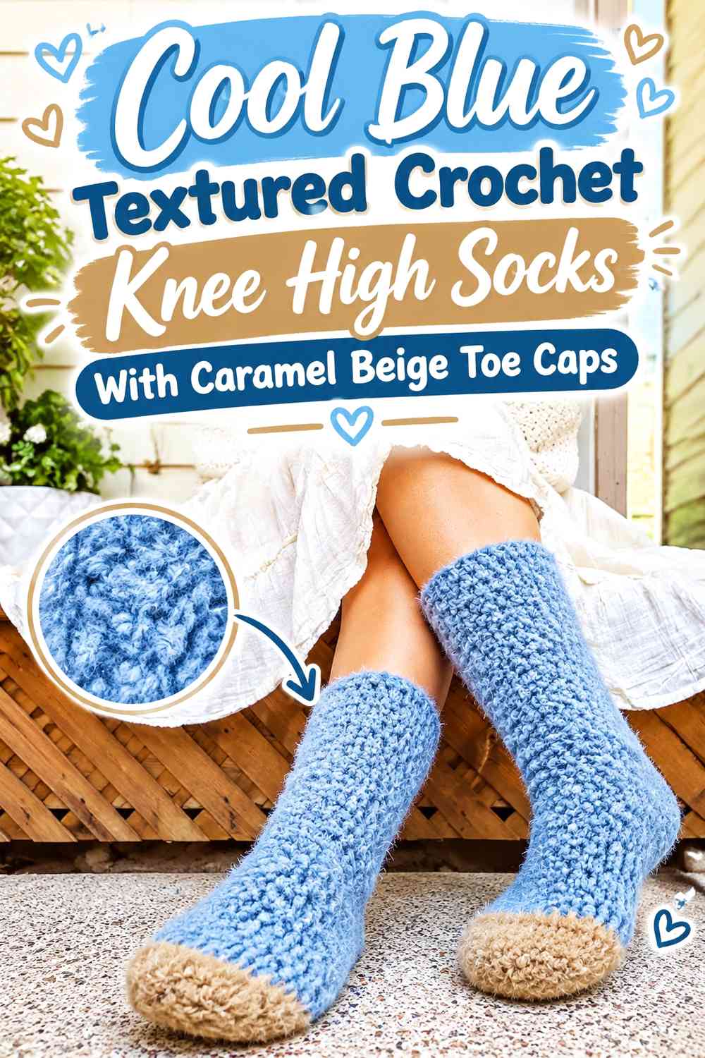 Cool Blue Textured Crochet Knee High Socks With Caramel Beige Toe Caps