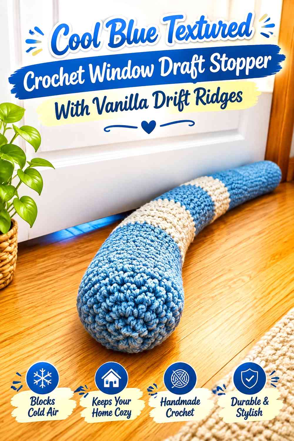 Cool Blue Textured Crochet Window Draft Stopper With Vanilla Drift Ridges