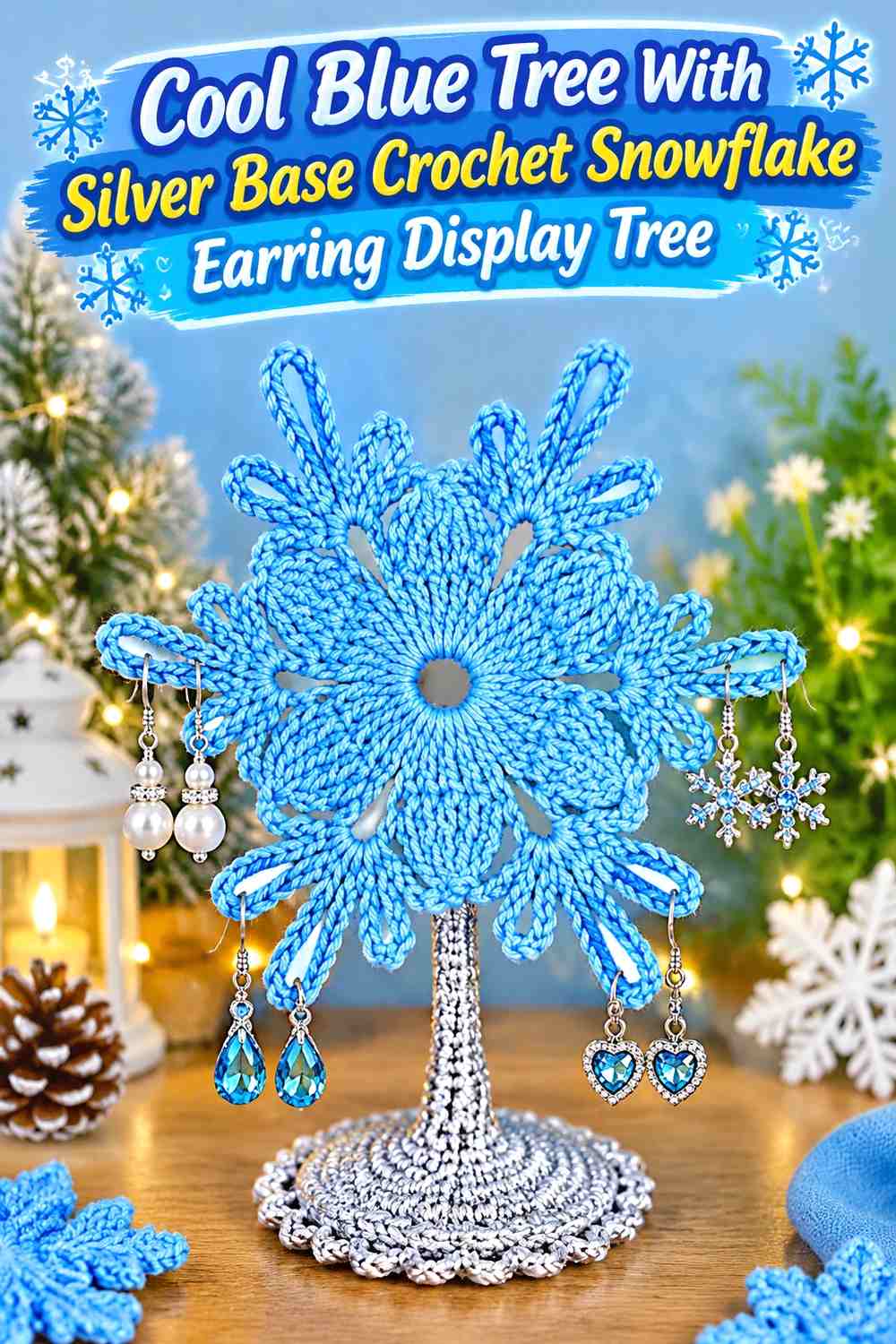 Cool Blue Tree With Silver Base Crochet Snowflake Earring Display Tree