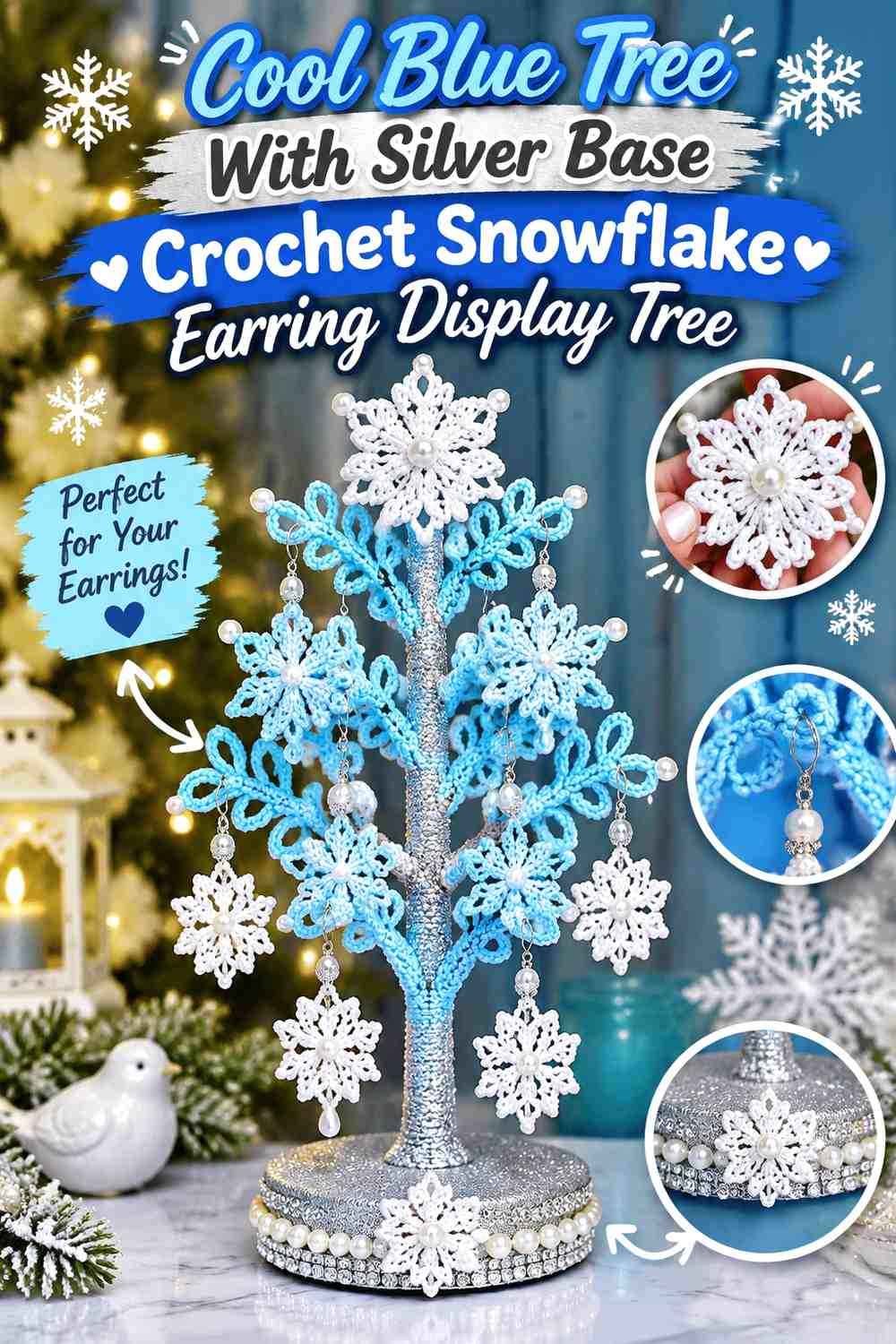 Cool Blue Tree With Silver Base Crochet Snowflake Earring Display Tree