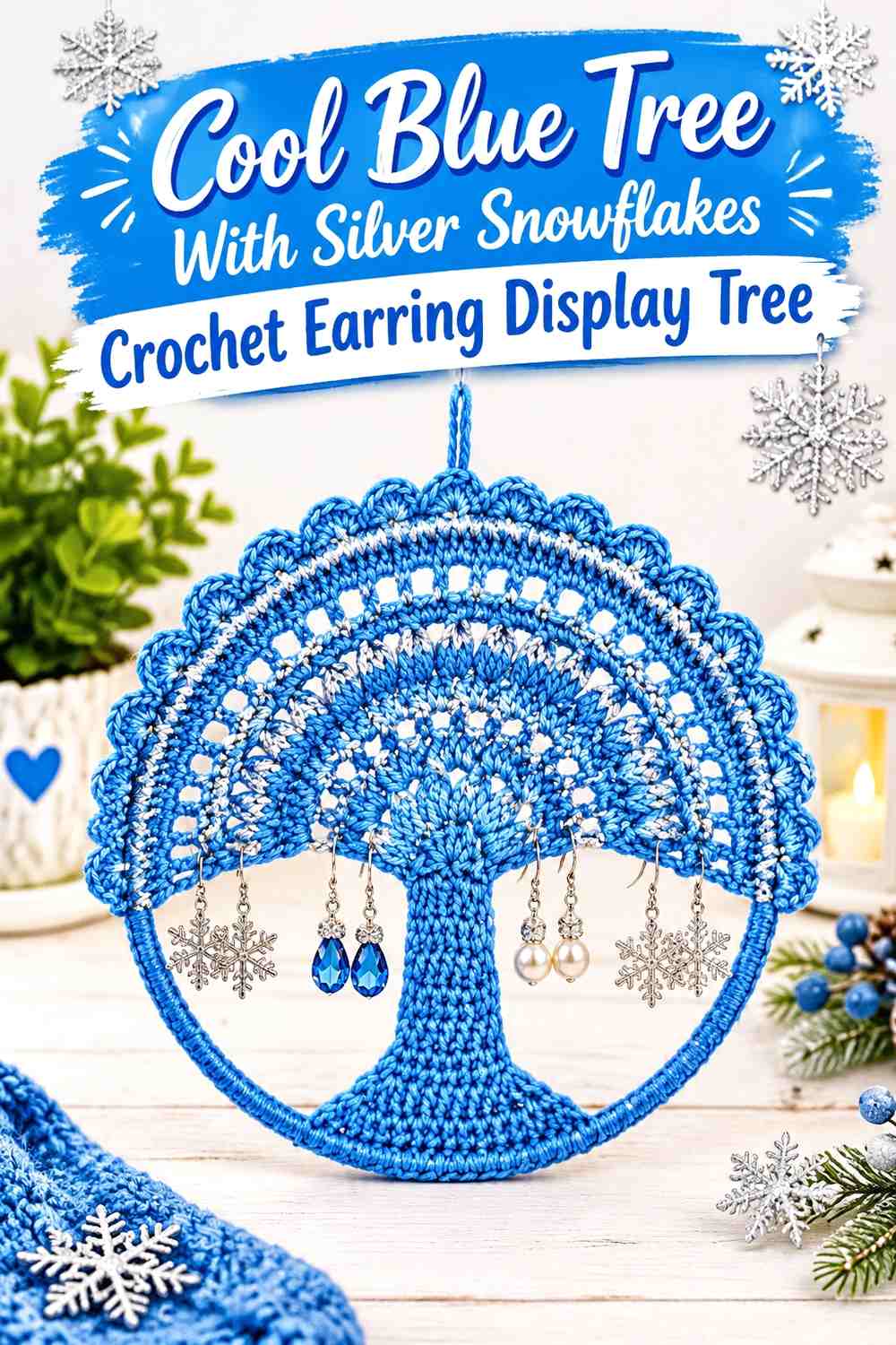 Cool Blue Tree With Silver Snowflakes Crochet Earring Display Tree