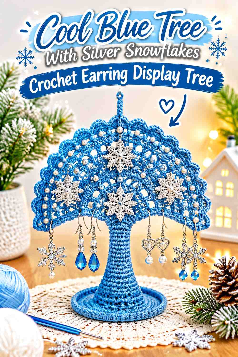Cool Blue Tree With Silver Snowflakes Crochet Earring Display Tree