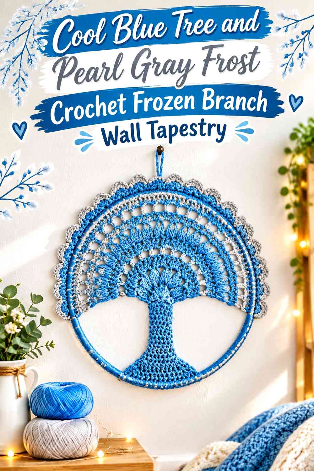 Cool Blue Tree and Pearl Gray Frost Crochet Frozen Branch Wall Tapestry