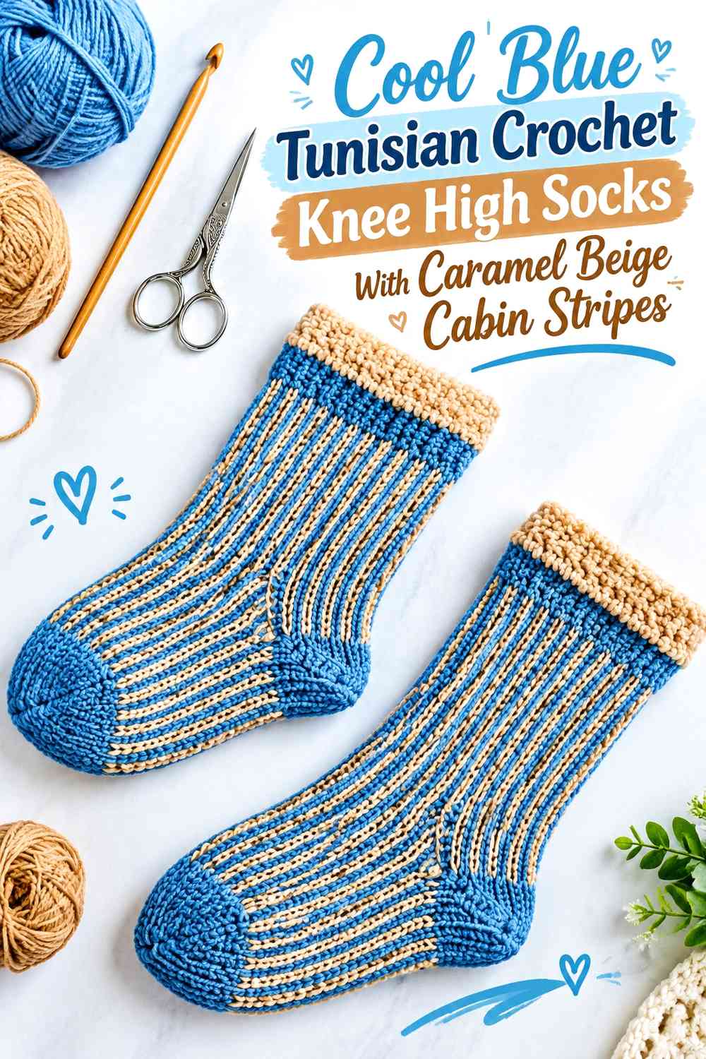 Cool Blue Tunisian Crochet Knee High Socks With Caramel Beige Cabin Stripes