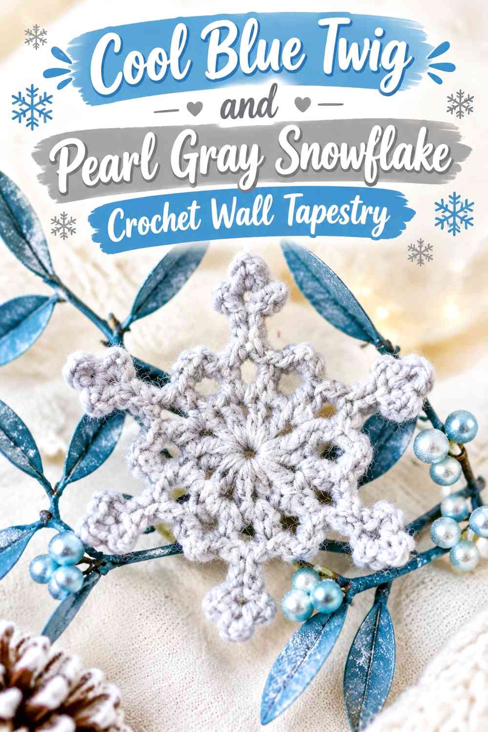 Cool Blue Twig and Pearl Gray Snowflake Crochet Wall Tapestry