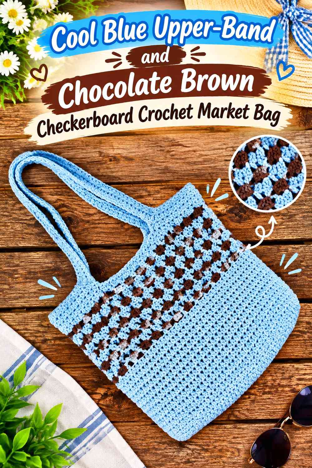 Cool Blue Upper-Band and Chocolate Brown Checkerboard Crochet Market Bag