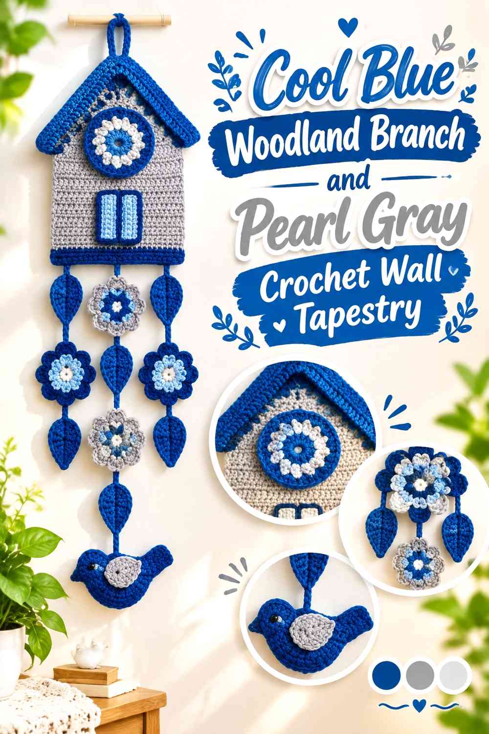 Cool Blue Woodland Branch and Pearl Gray Crochet Wall Tapestry