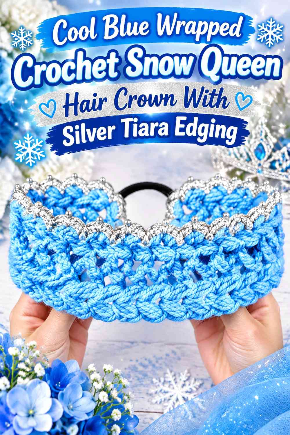 Cool Blue Wrapped Crochet Snow Queen Hair Crown With Silver Tiara Edging