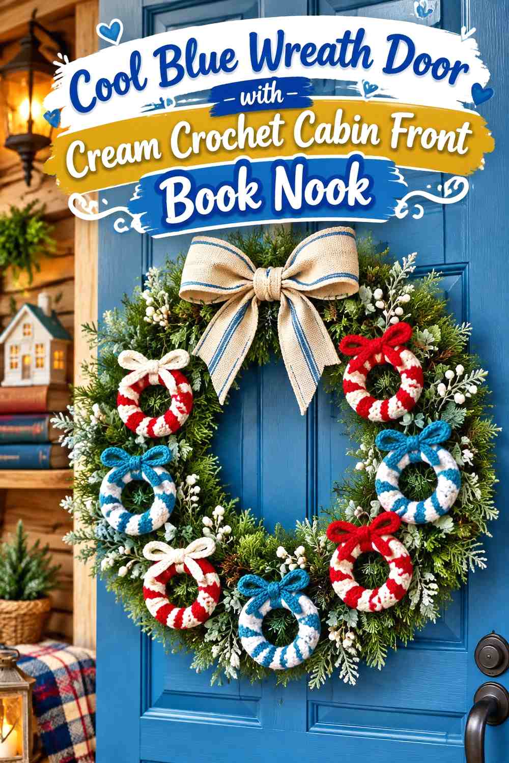Cool Blue Wreath Door with Cream Crochet Cabin Front Book Nook