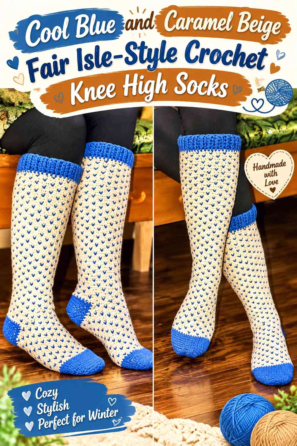 Cool Blue and Caramel Beige Fair Isle-Style Crochet Knee High Socks