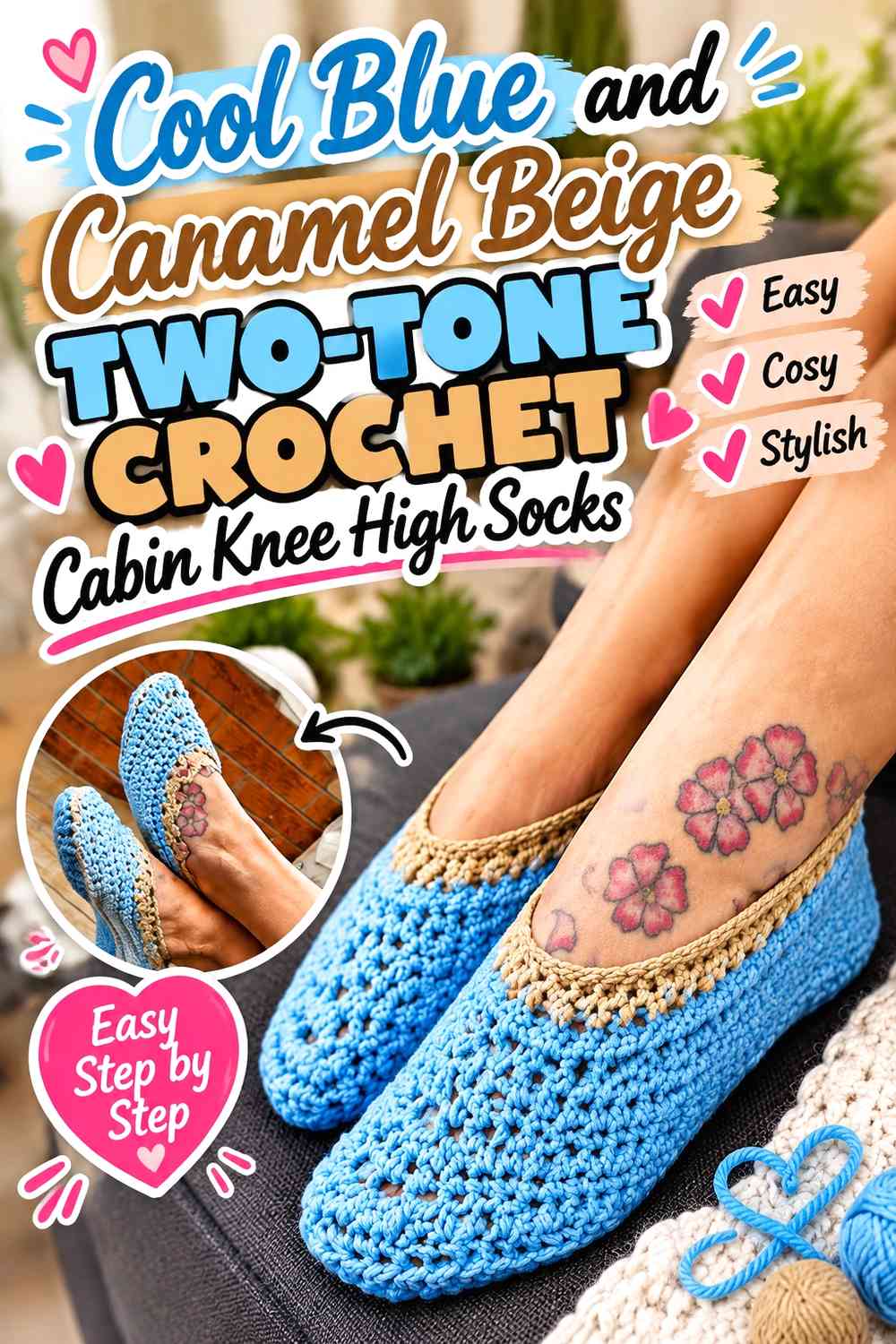 Cool Blue and Caramel Beige Two-Tone Crochet Cabin Knee High Socks