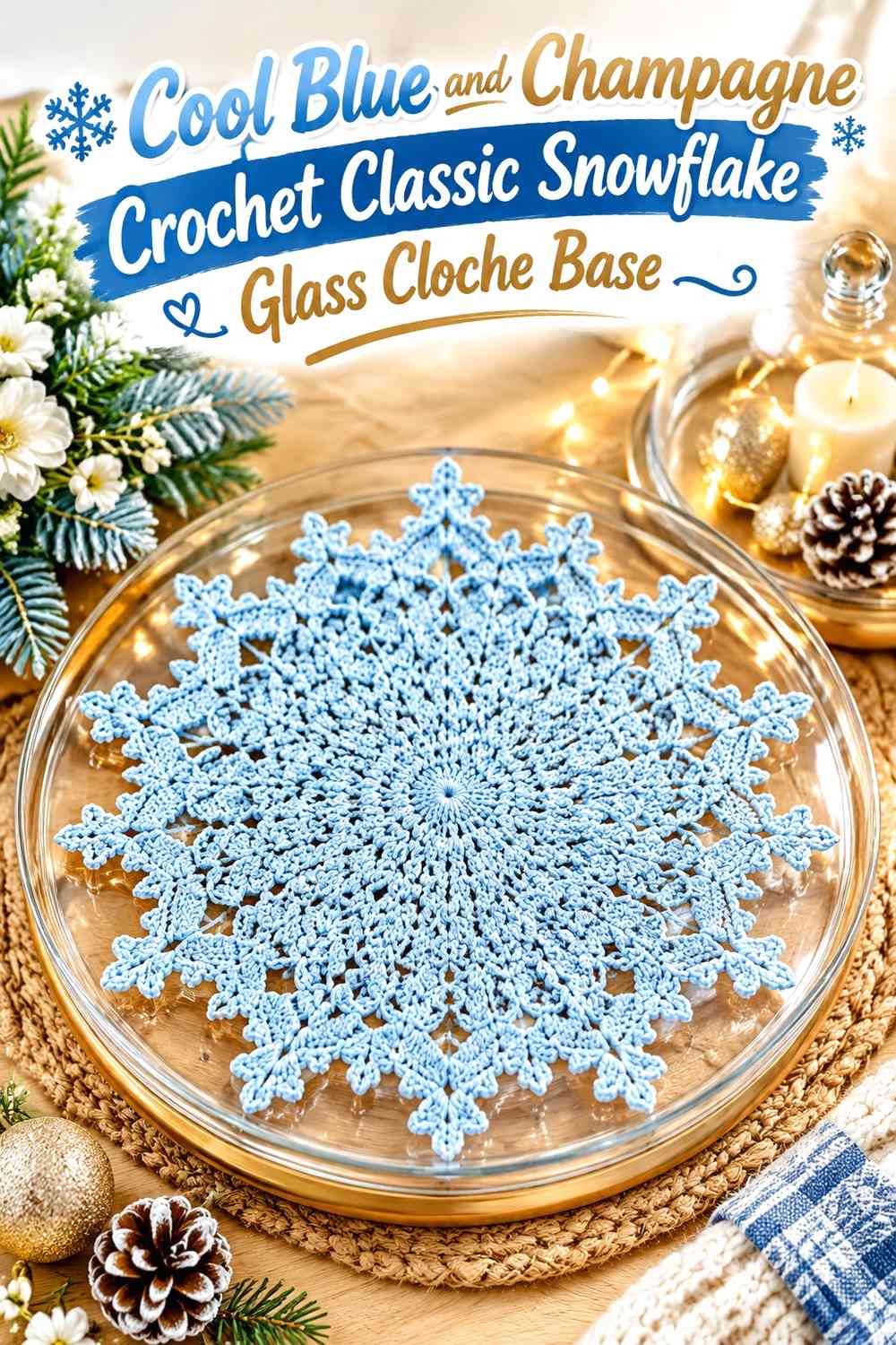 Cool Blue and Champagne Crochet Classic Snowflake Glass Cloche Base