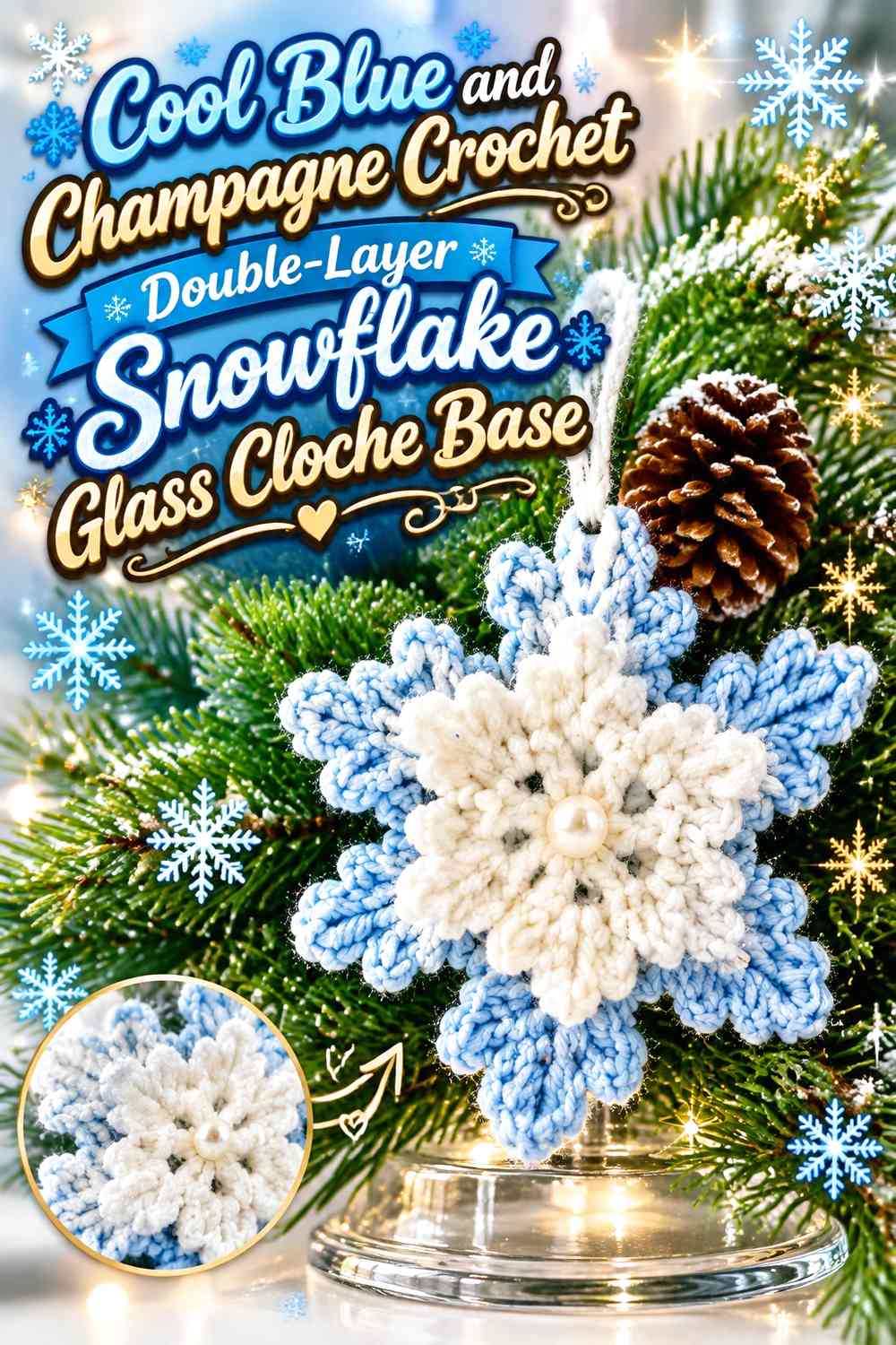 Cool Blue and Champagne Crochet Double-Layer Snowflake Glass Cloche Base