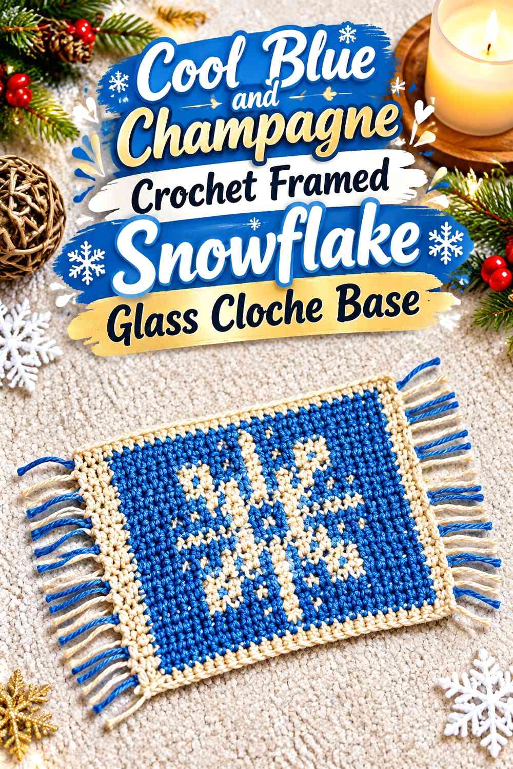 Cool Blue and Champagne Crochet Framed Snowflake Glass Cloche Base