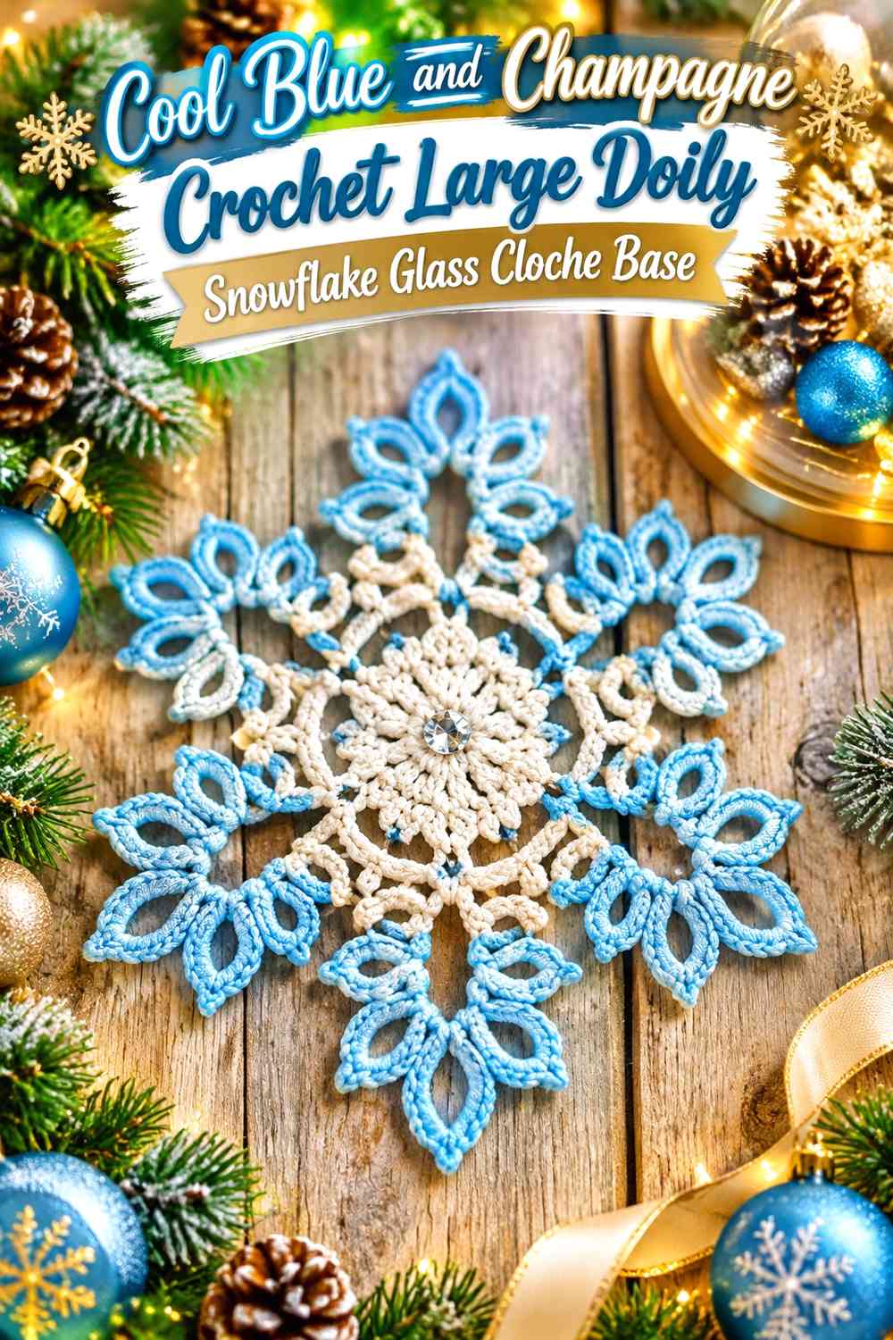 Cool Blue and Champagne Crochet Large Doily Snowflake Glass Cloche Base