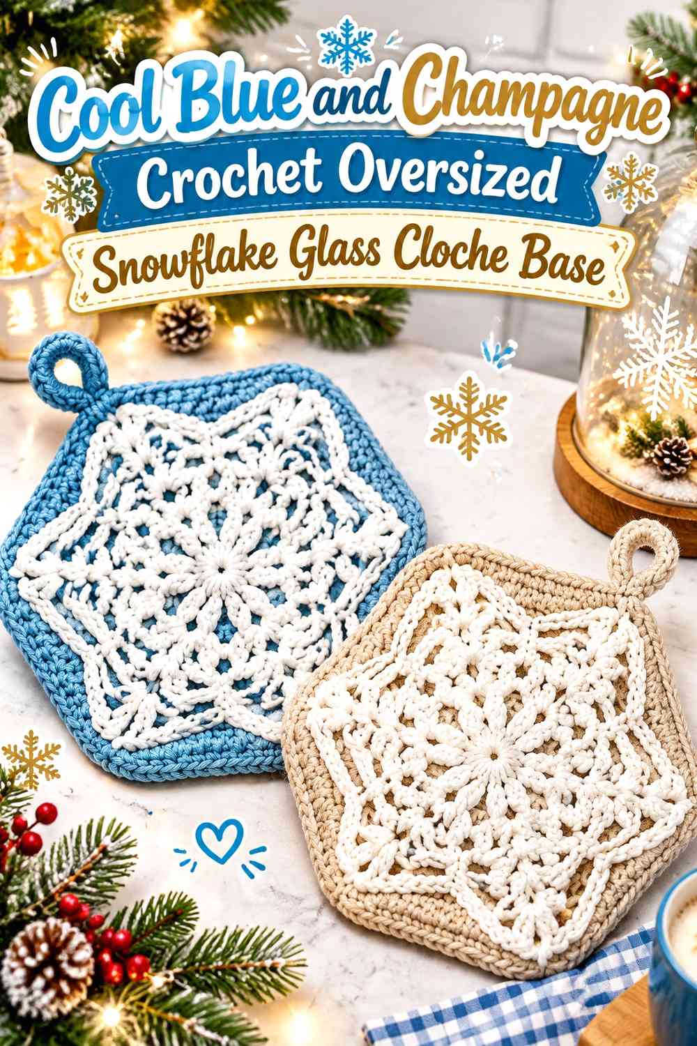 Cool Blue and Champagne Crochet Oversized Snowflake Glass Cloche Base