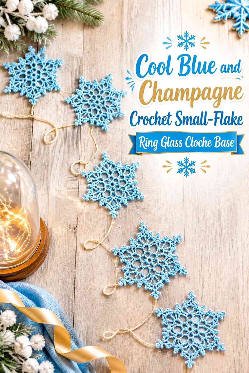 Cool Blue and Champagne Crochet Small-Flake Ring Glass Cloche Base