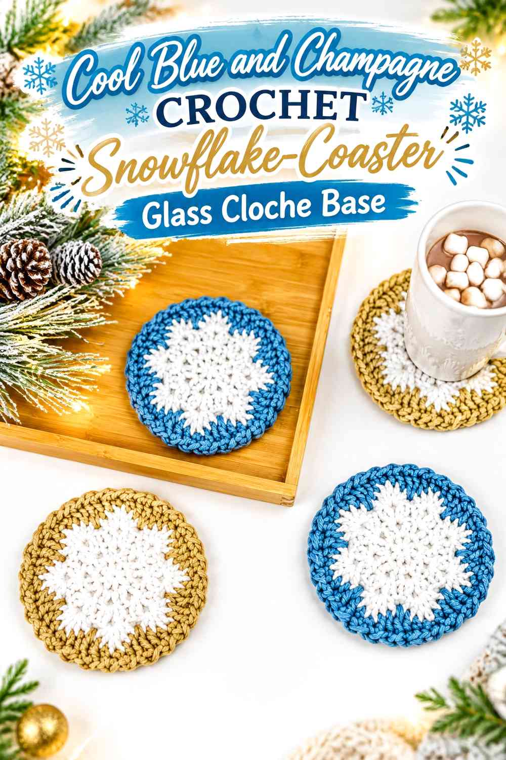 Cool Blue and Champagne Crochet Snowflake-Coaster Glass Cloche Base