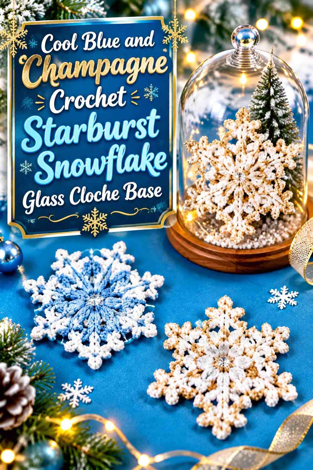 Cool Blue and Champagne Crochet Starburst Snowflake Glass Cloche Base