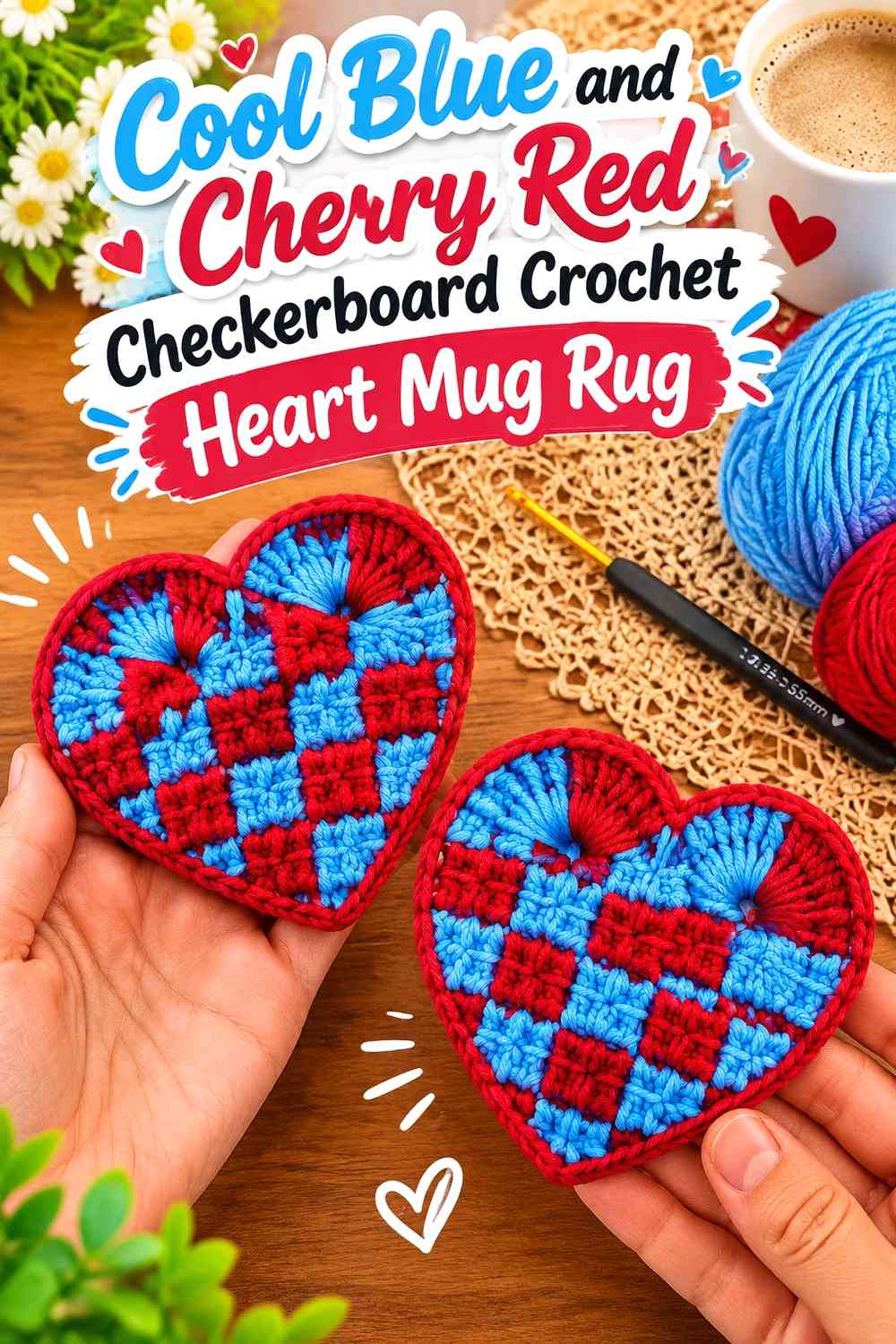 Cool Blue and Cherry Red Checkerboard Crochet Heart Mug Rug