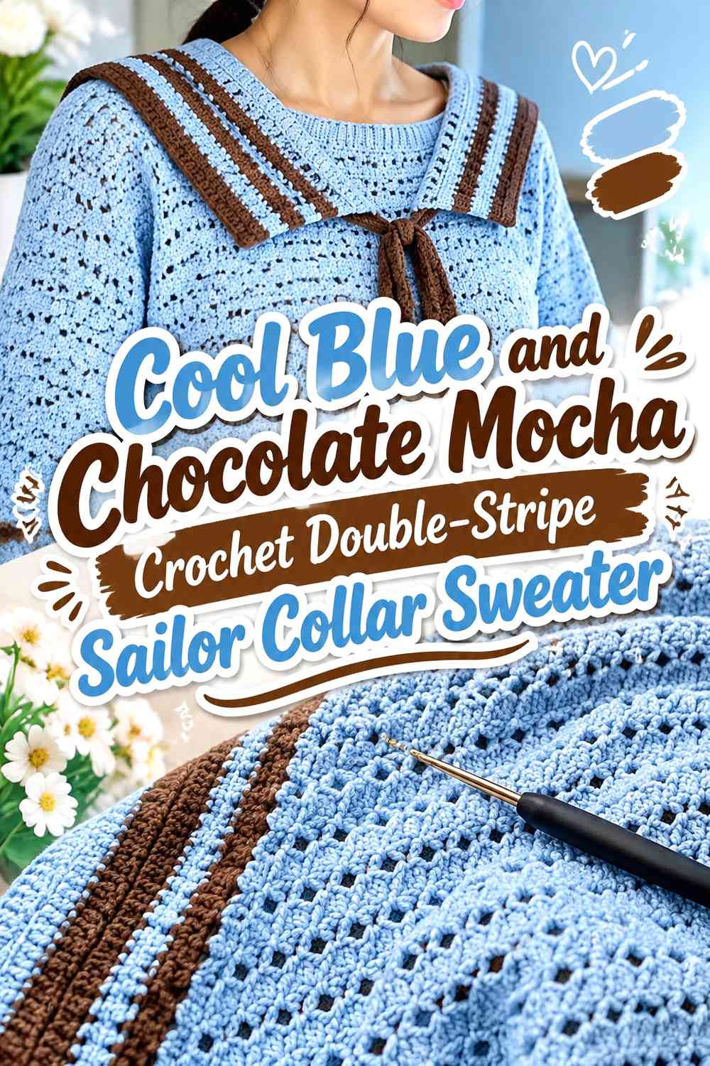 Cool Blue and Chocolate Mocha Crochet Double-Stripe Sailor Collar Sweater