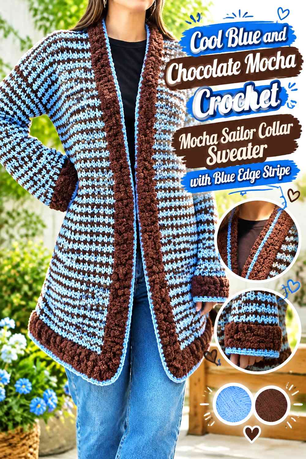 Cool Blue and Chocolate Mocha Crochet Mocha Sailor Collar Sweater with Blue Edge Stripe