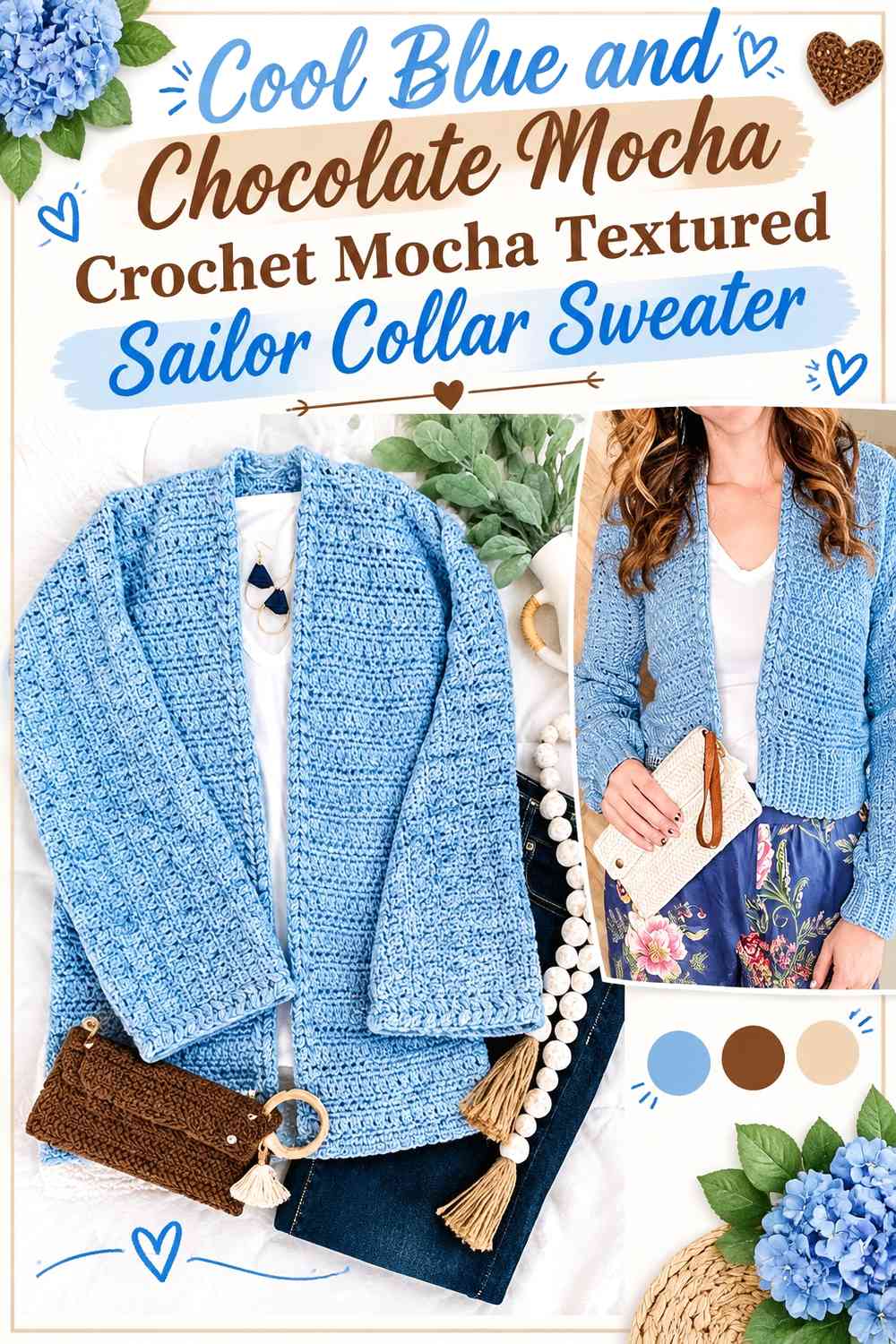 Cool Blue and Chocolate Mocha Crochet Mocha Textured Sailor Collar Sweater