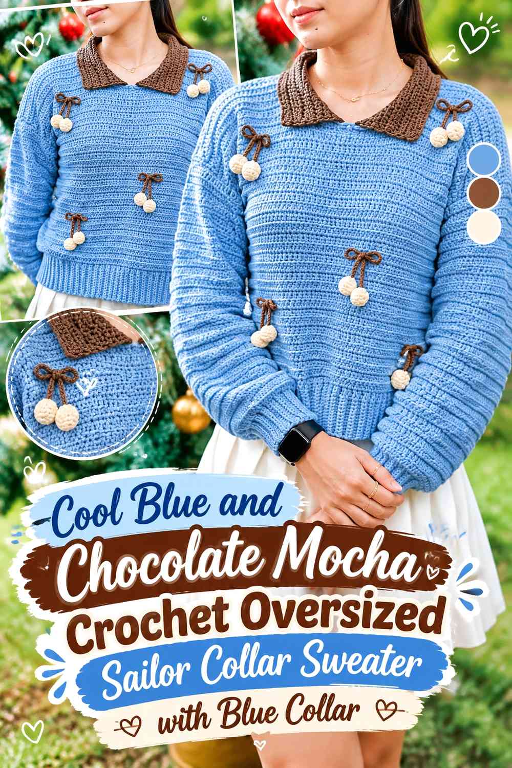 Cool Blue and Chocolate Mocha Crochet Oversized Sailor Collar Sweater with Blue Collar
