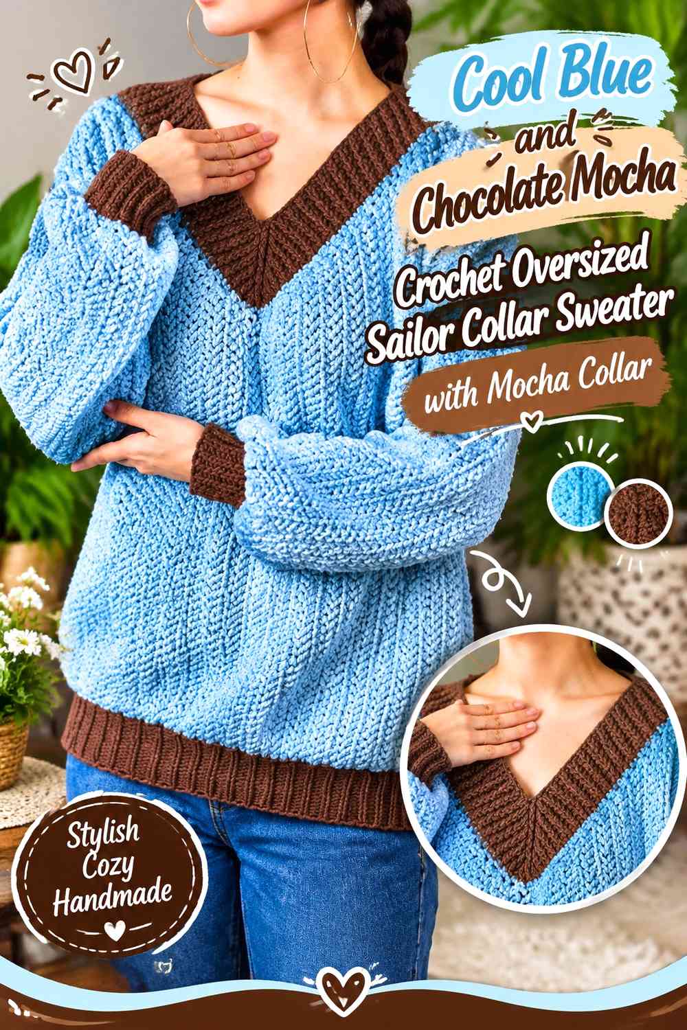 Cool Blue and Chocolate Mocha Crochet Oversized Sailor Collar Sweater with Mocha Collar