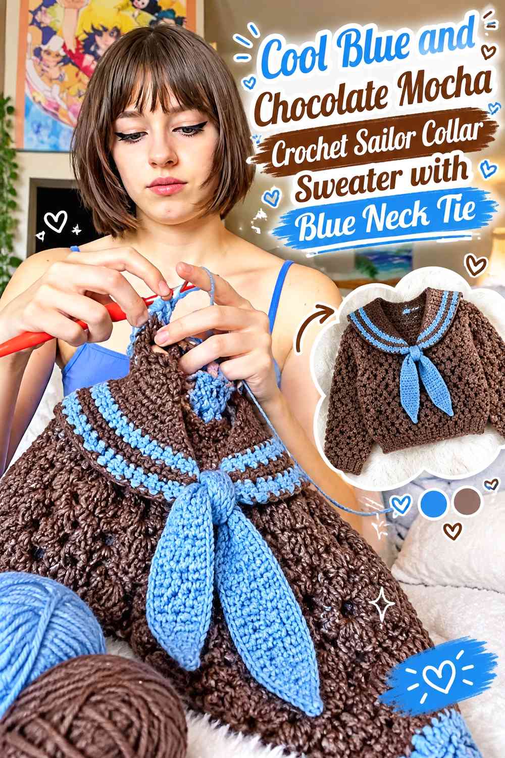 Cool Blue and Chocolate Mocha Crochet Sailor Collar Sweater with Blue Neck Tie