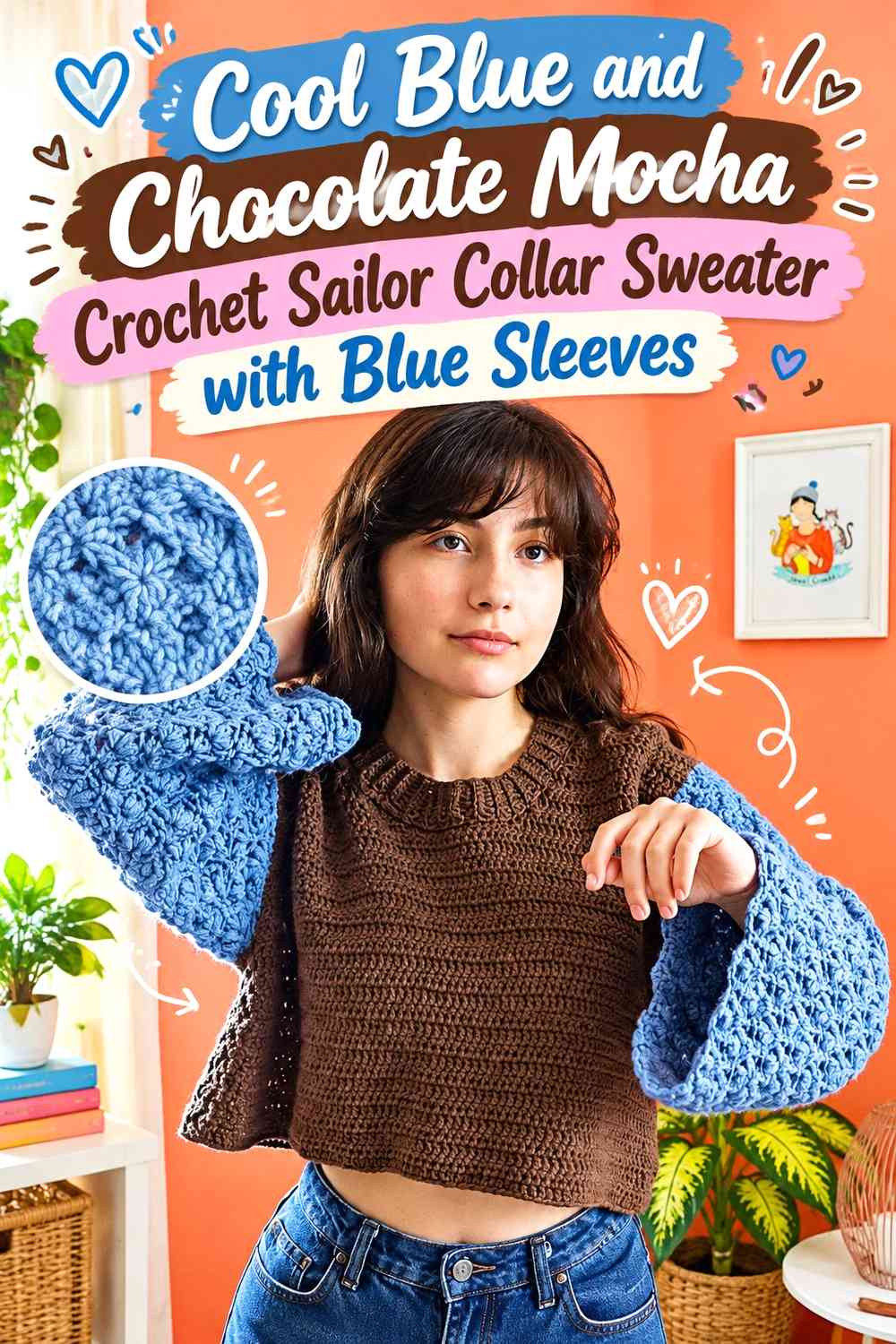 Cool Blue and Chocolate Mocha Crochet Sailor Collar Sweater with Blue Sleeves