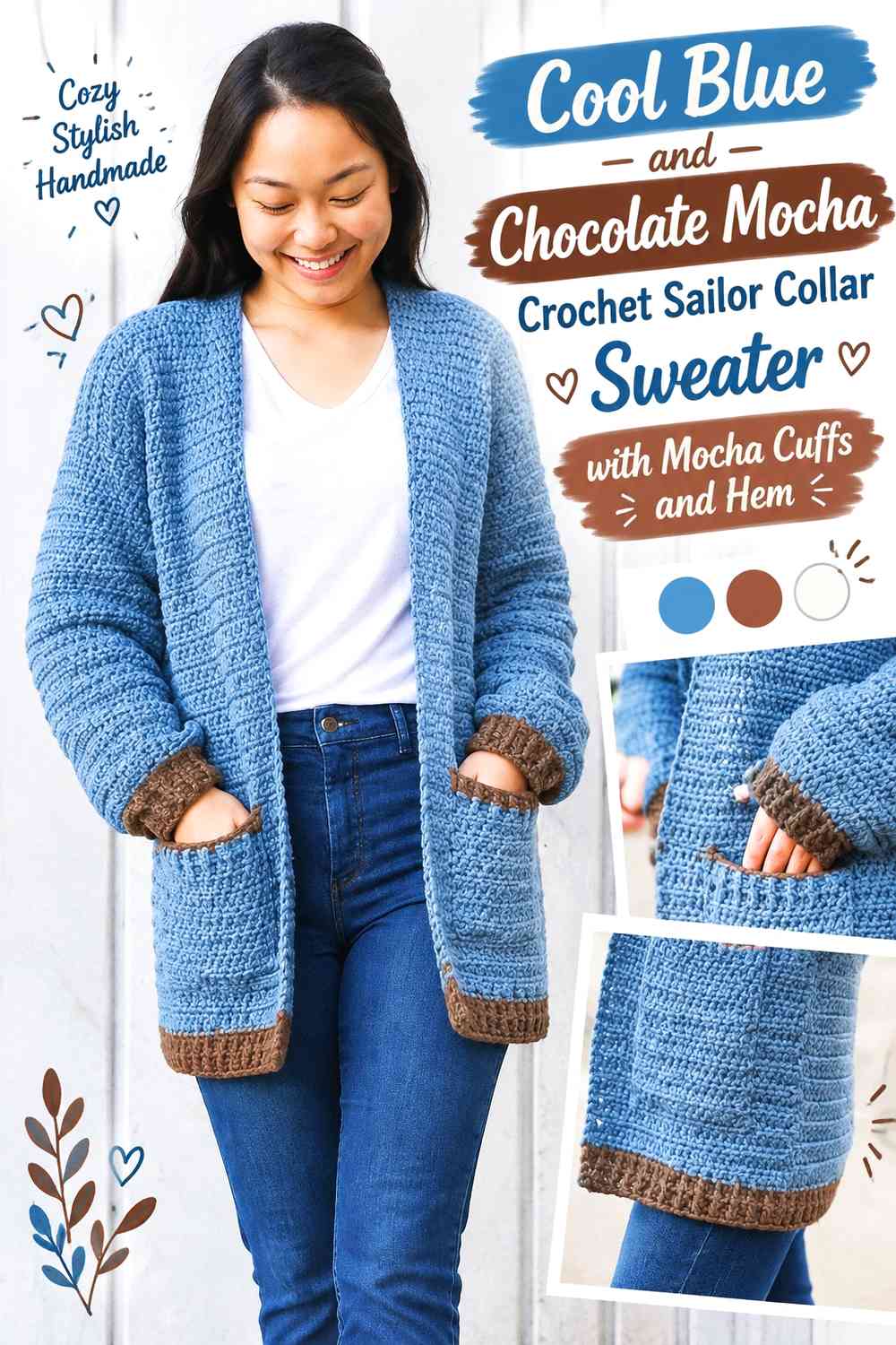 Cool Blue and Chocolate Mocha Crochet Sailor Collar Sweater with Mocha Cuffs and Hem