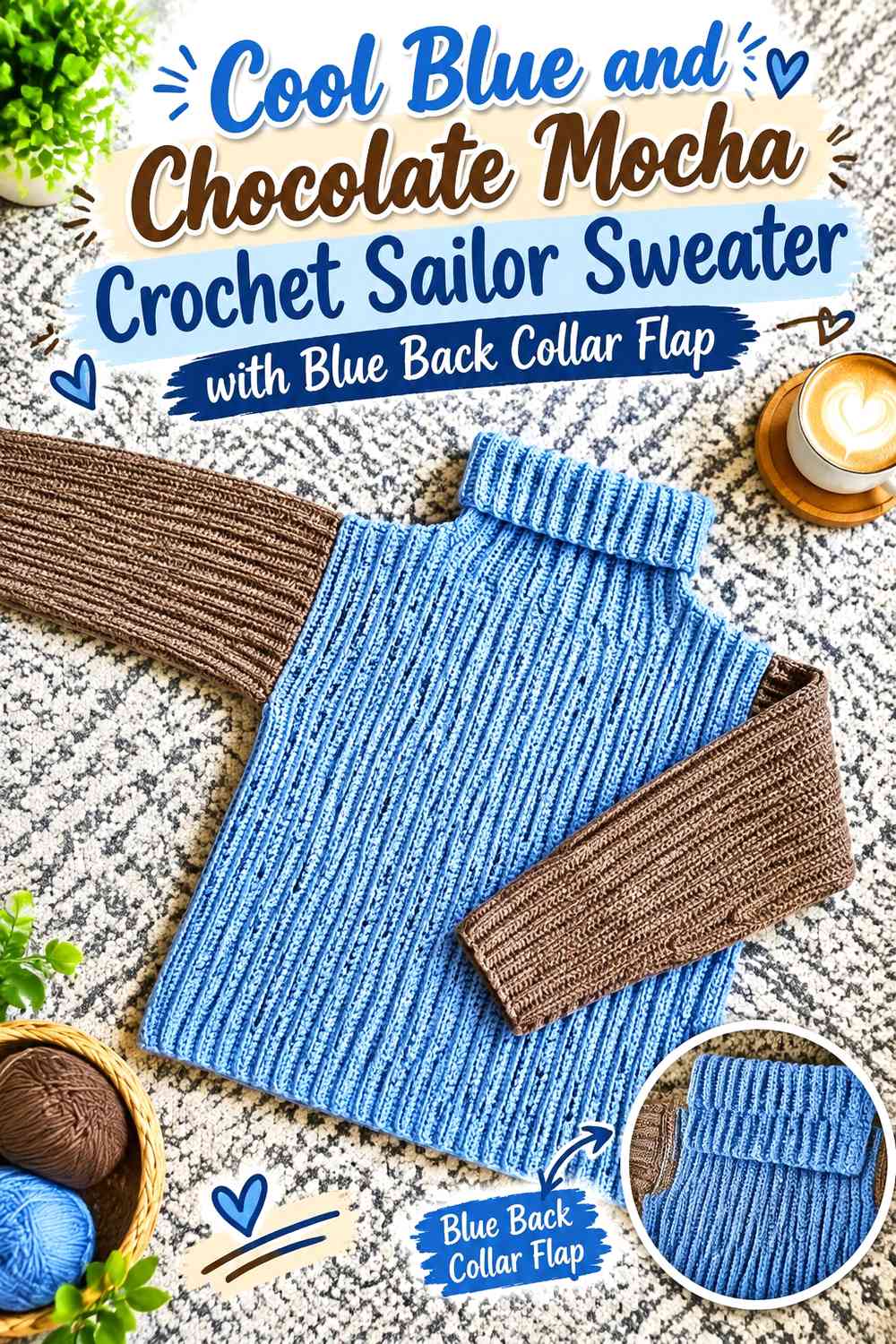 Cool Blue and Chocolate Mocha Crochet Sailor Sweater with Blue Back Collar Flap