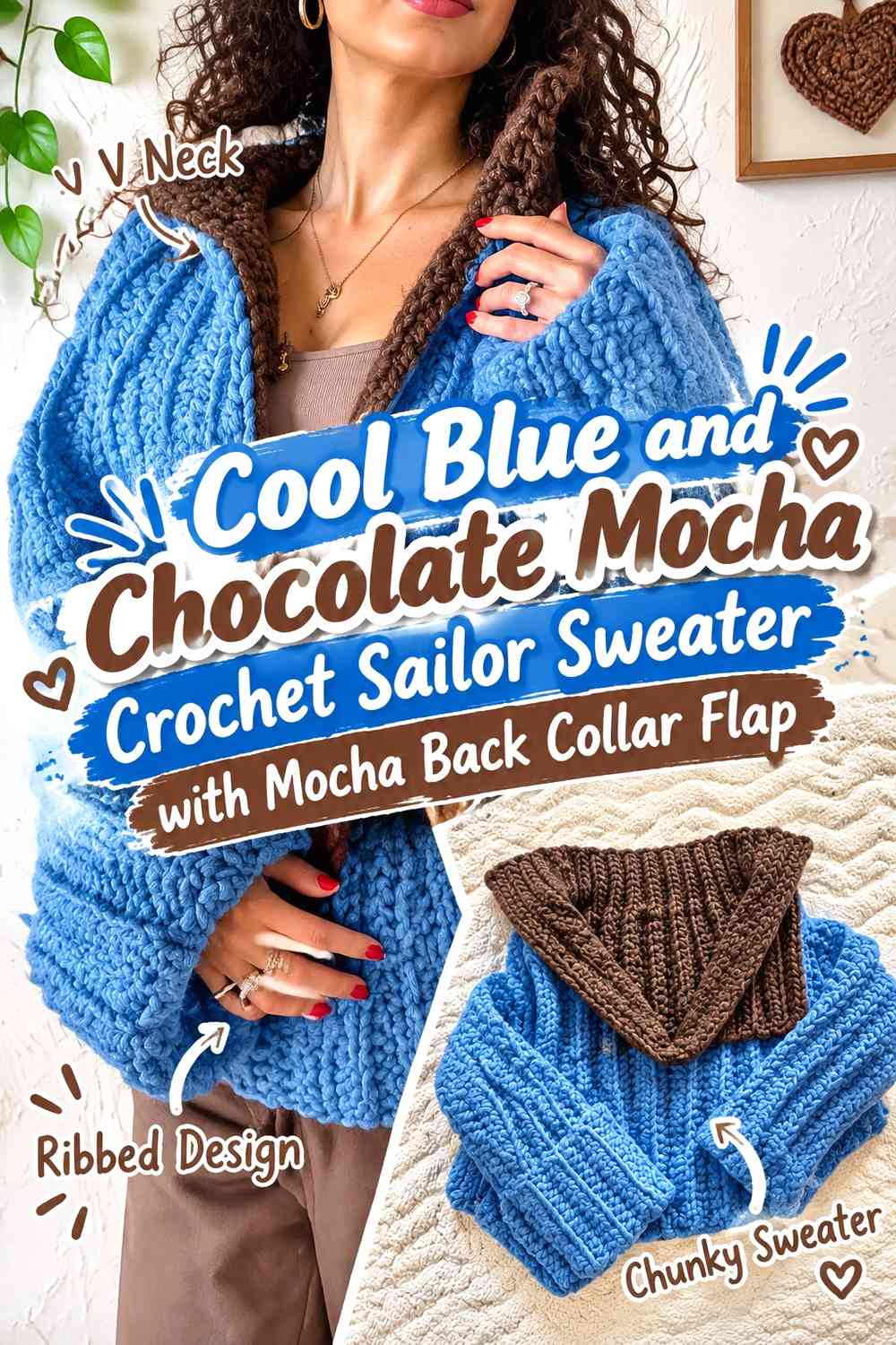 Cool Blue and Chocolate Mocha Crochet Sailor Sweater with Mocha Back Collar Flap