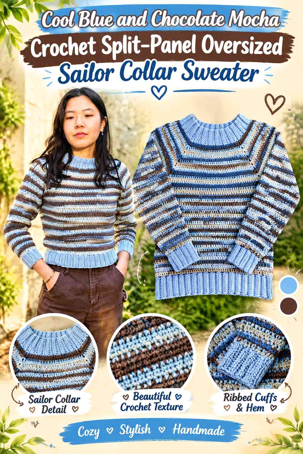 Cool Blue and Chocolate Mocha Crochet Split-Panel Oversized Sailor Collar Sweater