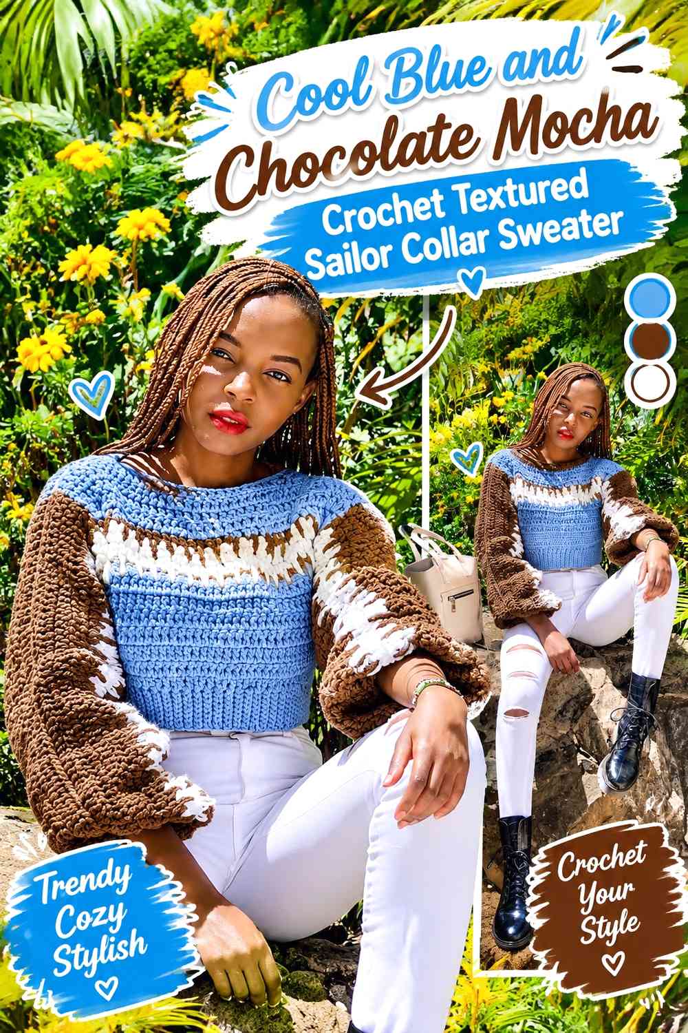 Cool Blue and Chocolate Mocha Crochet Textured Sailor Collar Sweater