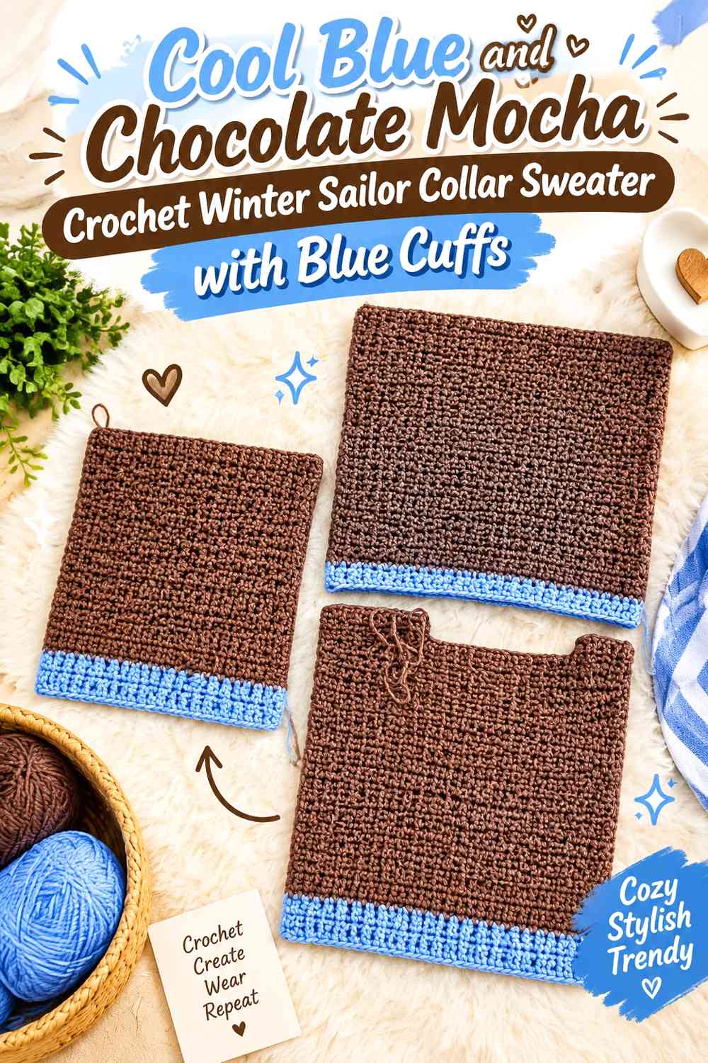 Cool Blue and Chocolate Mocha Crochet Winter Sailor Collar Sweater with Blue Cuffs