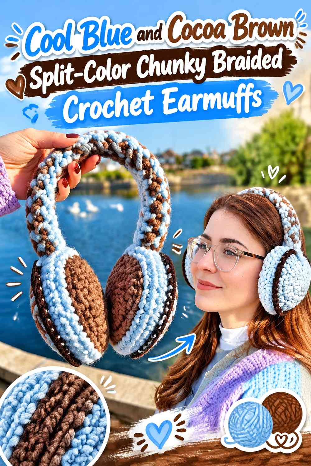 Cool Blue and Cocoa Brown Split-Color Chunky Braided Crochet Earmuffs