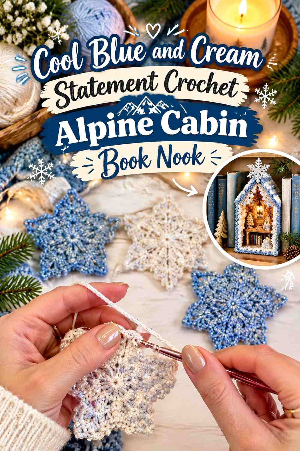 Cool Blue and Cream Statement Crochet Alpine Cabin Book Nook