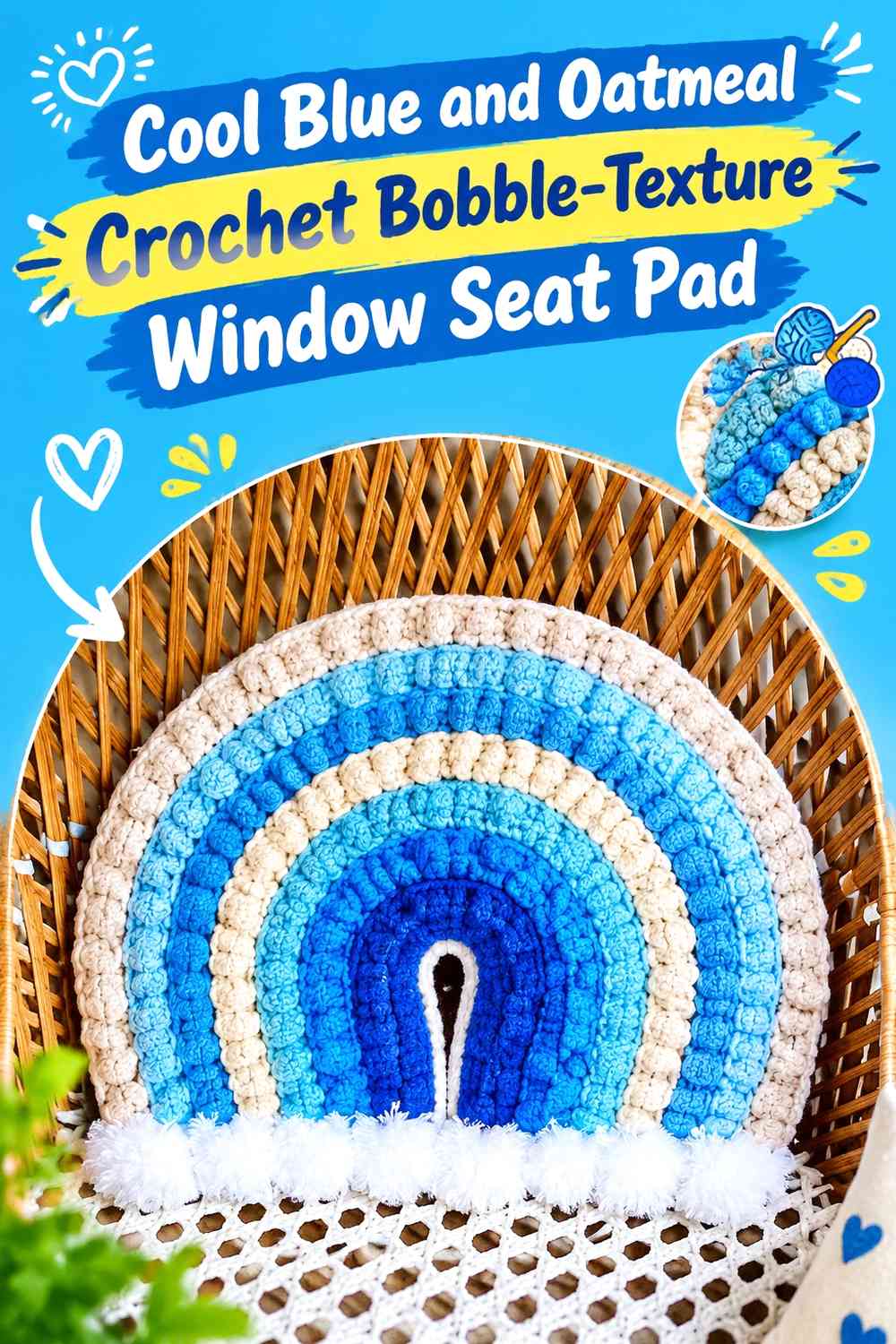 Cool Blue and Oatmeal Crochet Bobble-Texture Window Seat Pad