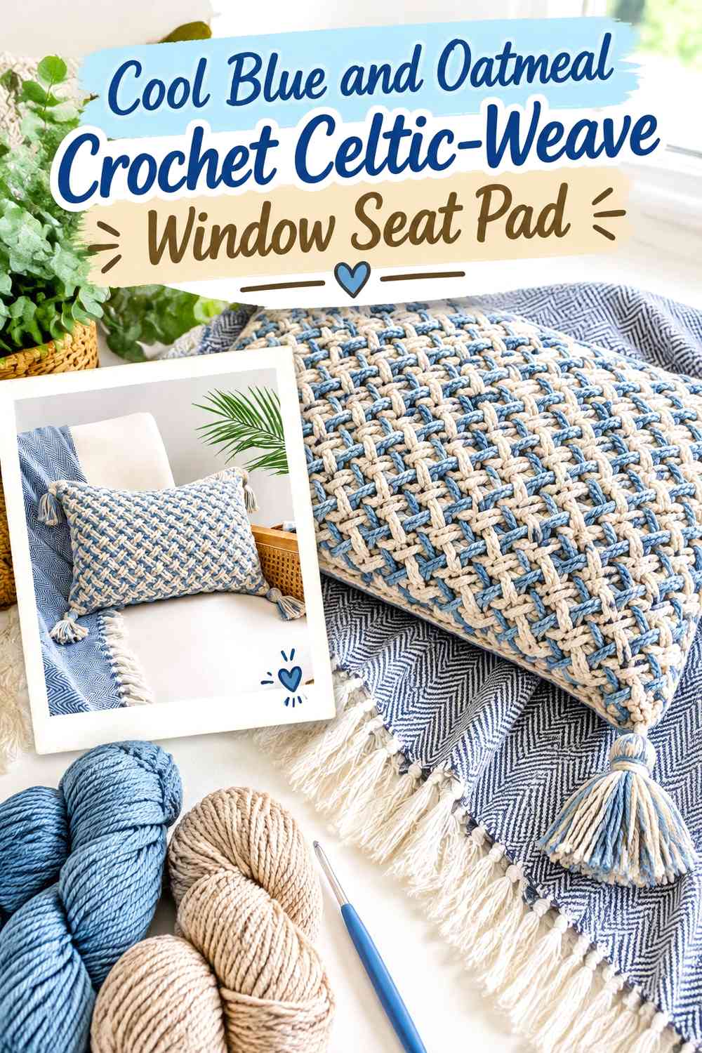Cool Blue and Oatmeal Crochet Celtic-Weave Window Seat Pad