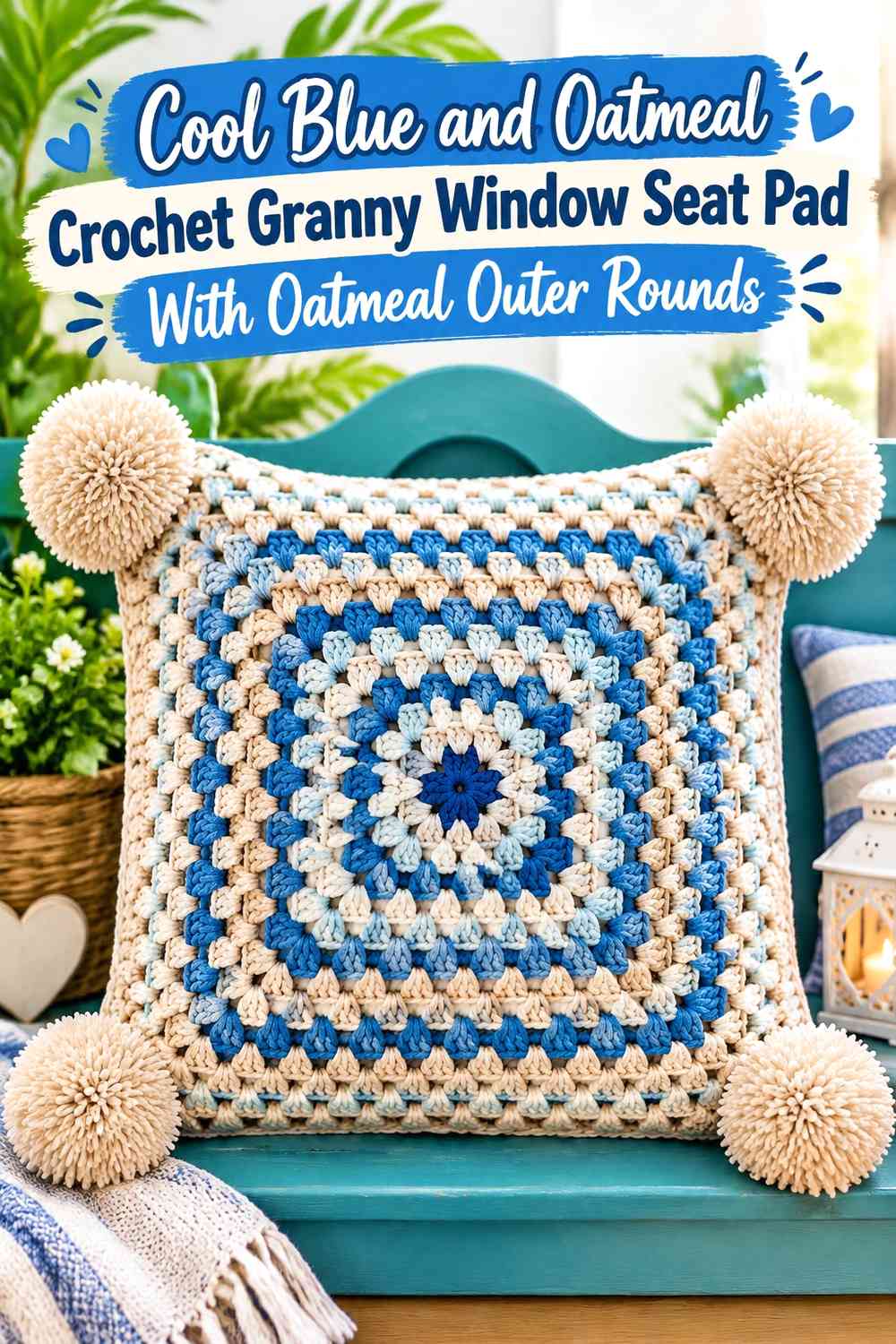 Cool Blue and Oatmeal Crochet Granny Window Seat Pad With Oatmeal Outer Rounds