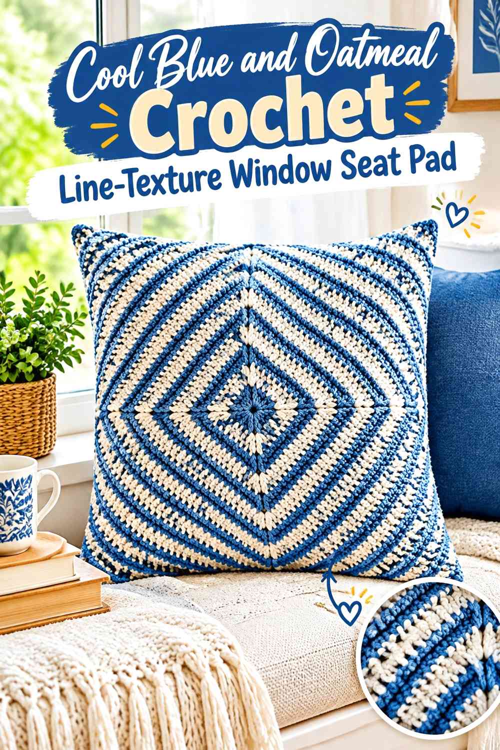 Cool Blue and Oatmeal Crochet Line-Texture Window Seat Pad
