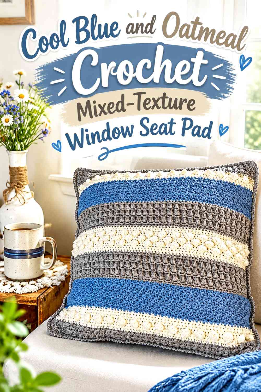 Cool Blue and Oatmeal Crochet Mixed-Texture Window Seat Pad