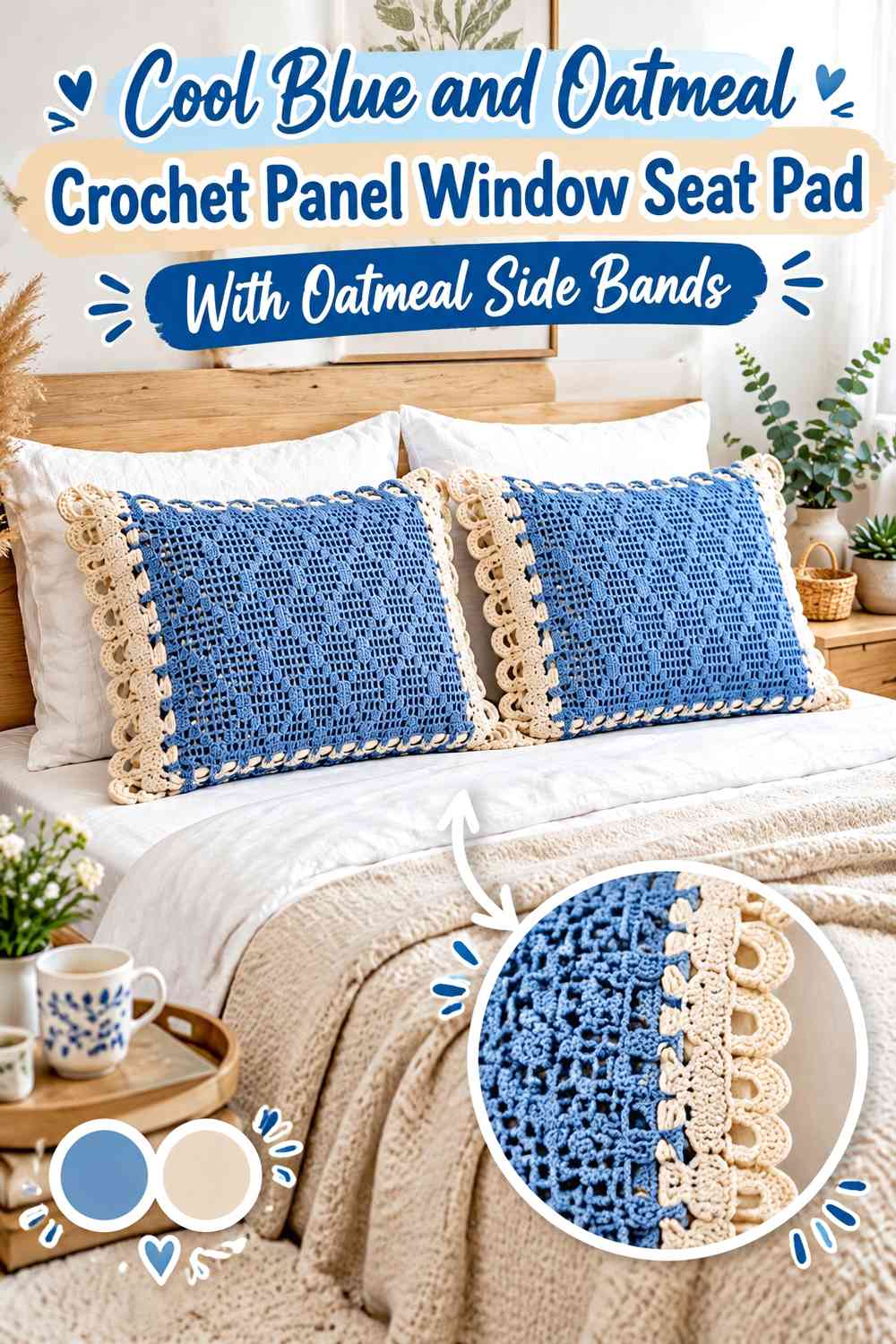 Cool Blue and Oatmeal Crochet Panel Window Seat Pad With Oatmeal Side Bands